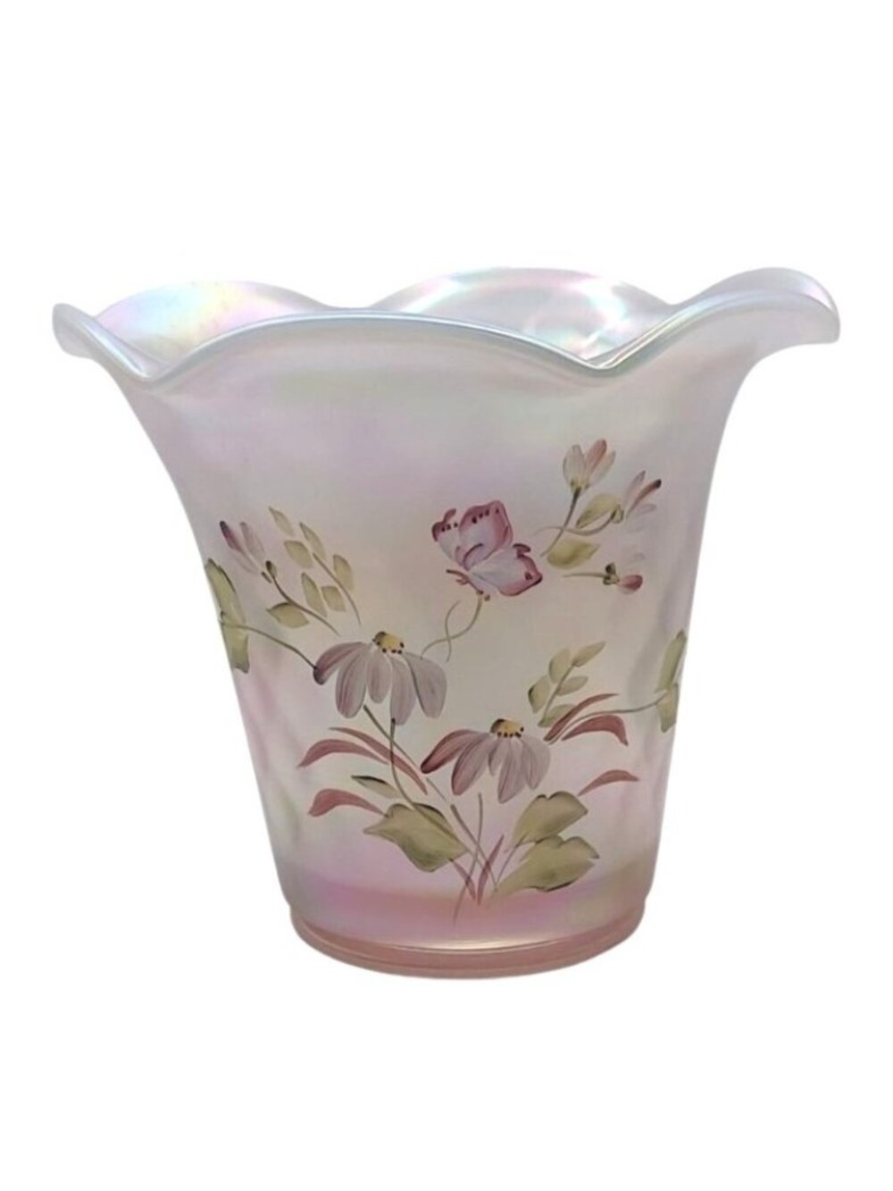 Fenton Glass Hand Painted Pearlescent Pink Floral Vase Signed Shelley Fenton 97